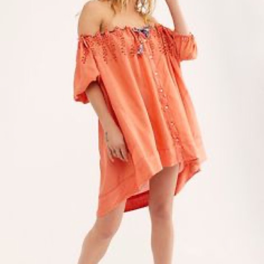 Free People Lydia Orange Eyelet Orange Off the Sleeve Tunic Mini  Dress
